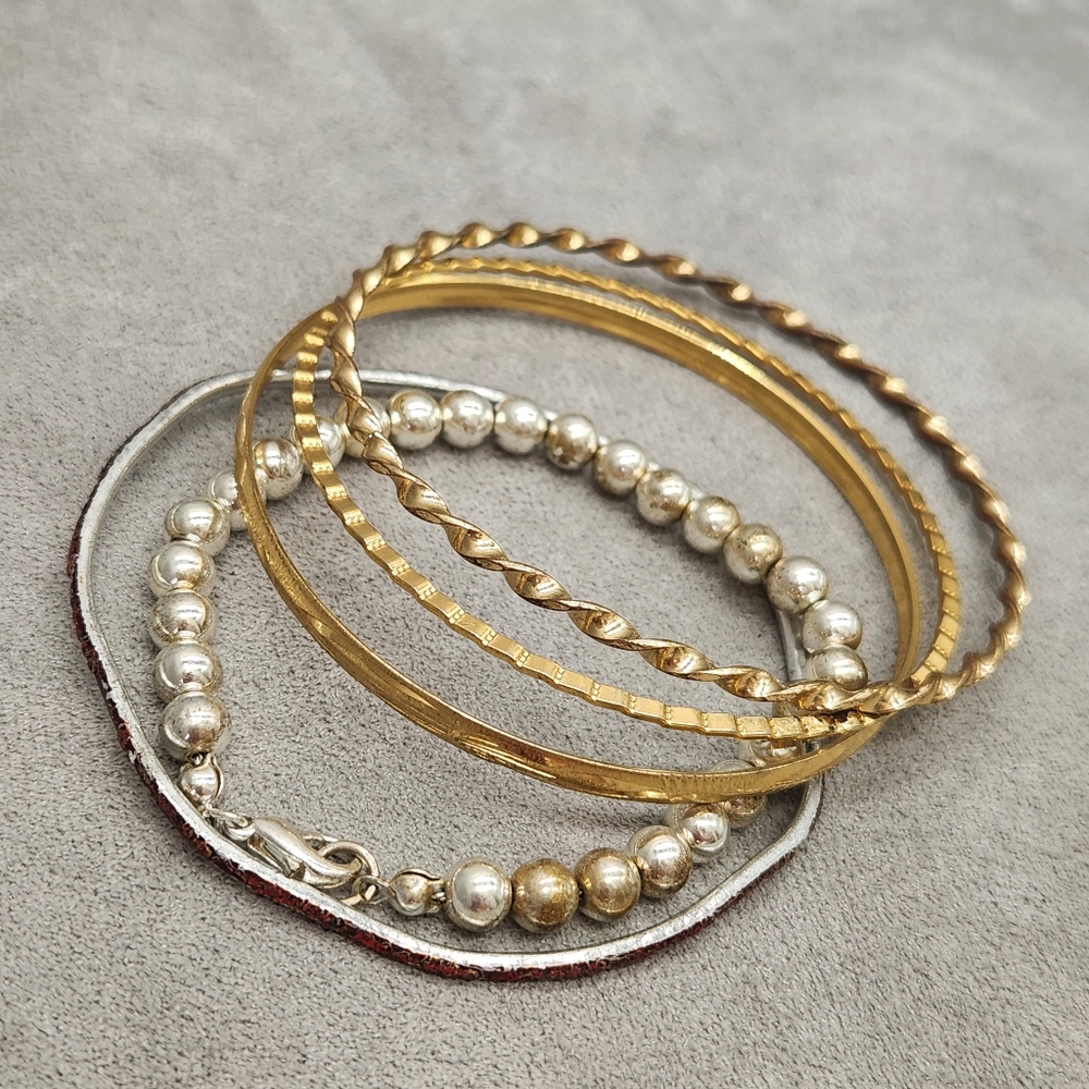 Lot 5 Bangle Bracelets Golden Silver Tone Red Twist Dainty Metal Boho Artsy Gift